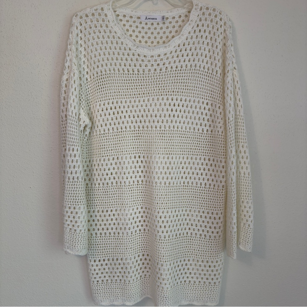 Anrabess Sweater Sz L Cream/Ivory Crochet Open Knit Pullover Long Oversized